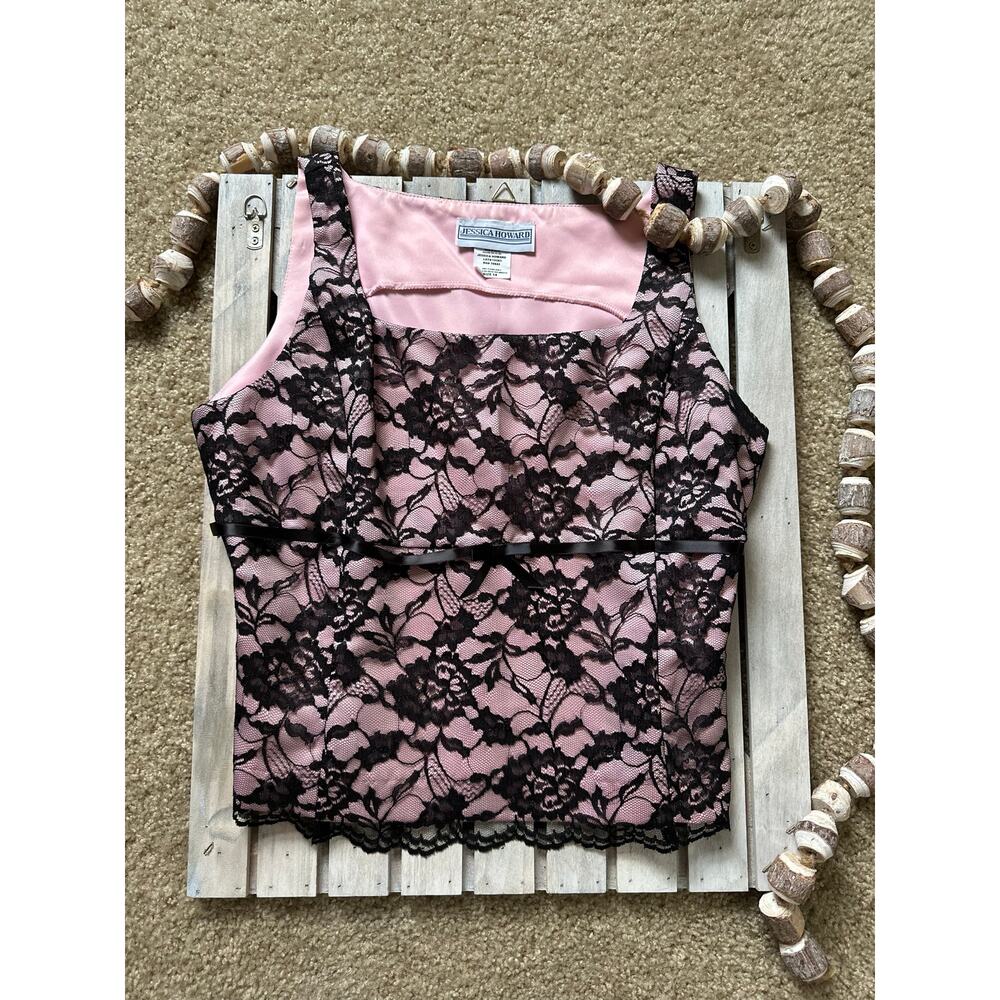 Vintage Y2K Jessica Howard Pink Black Lace Ribbon Tank Shirt Top